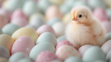 ai gegenereerd klein kuiken is omringd door Pasen eieren in zacht pastel tinten. banier met kopiëren ruimte. ai gegenereerd foto