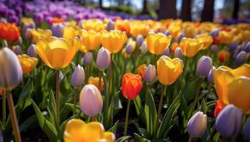 ai gegenereerd levendig tulp bloesem brengt schoonheid naar natuur gegenereerd door ai foto