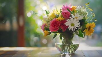 ai gegenereerd levendig boeket in rustiek vaas detailopname vastleggen van geassorteerd bloemen in zacht diffuus instelling foto