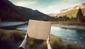 ai gegenereerd een persoon Holding papier, lezing in rustig berg landschap gegenereerd door ai foto