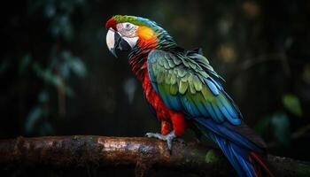 ai gegenereerd een levendig, multi gekleurde ara neerstrijken Aan een Afdeling in natuur gegenereerd door ai foto