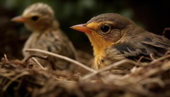 ai gegenereerd schattig baby kip neerstrijken Aan tak, op zoek Bij natuur gegenereerd door ai foto