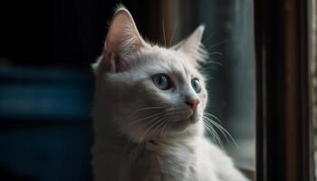 ai gegenereerd schattig katje zittend door venster, staren met nieuwsgierig blauw ogen gegenereerd door ai foto