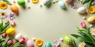 ai gegenereerd een Pasen backdrop met eieren en bloemen foto