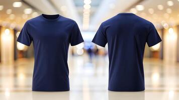 ai gegenereerd een paar- van blanco marine blauw t-shirt voor mockup foto