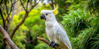 ai gegenereerd Australisch kaketoe neergestreken Aan weelderig groen boom ledemaat foto