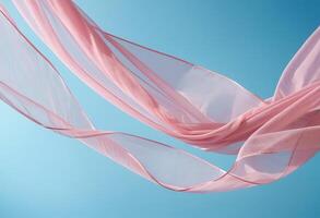 ai gegenereerd vliegend roze kleding stof Golf Aan blauw achtergrond, vloeiende golvend zijde fladderend kleding foto
