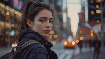 ai gegenereerd jong vrouw wandelingen stad straat rugzak in slepen te midden van stedelijk drukte en architectuur gevangen genomen met 50 mm lens foto