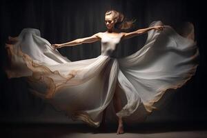 ai gegenereerd bevallig ballet danser in beweging gevangen genomen met hoge snelheid camera en breed opening lens foto