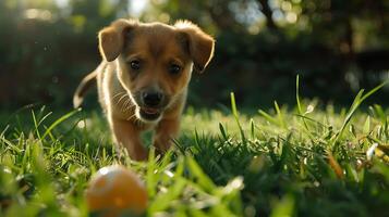 ai gegenereerd speels puppy achtervolgingen bal in met gras begroeid park gevangen genomen met breed hoek lens foto