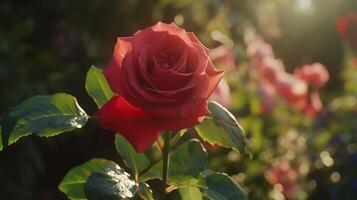 ai gegenereerd levendig rood roos in vol bloeien badend in zacht natuurlijk licht foto