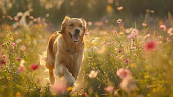 ai gegenereerd gouden retriever stoeien door wilde bloemen in detailopname 50 mm vastleggen foto