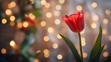 ai gegenereerd levendig rood tulp bloei tegen zacht groen bladeren en bokeh lichten foto