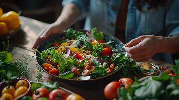 ai gegenereerd vrouw geniet levendig salade beet in keuken sfeer gevangen genomen met 50 mm lens foto