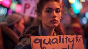 ai gegenereerd jong vrouw houdt zwart leeft er toe doen teken Bij vredig protest verschillend menigte staat Verenigde foto