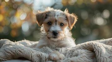 ai gegenereerd schattig puppy Aan zacht deken blikken Bij camera in sereen natuurlijk instelling foto