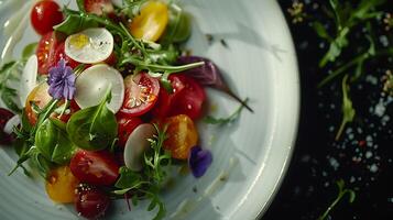 ai gegenereerd levendig macro schot vitrines kunstzinnig geregeld vers salade Aan wit bord foto