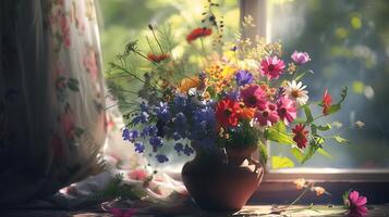 ai gegenereerd levendig boeket in rustiek vaas tegen zacht achtergrond een detailopname bloemen genot foto