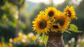 ai gegenereerd levendig zonnebloemen in rustiek vaas te midden van zonovergoten tuin achtergrond foto