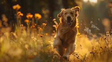 ai gegenereerd gouden retriever stoeien in zonovergoten weide gevangen genomen met 50 mm lens benadrukkend blij uitdrukking foto