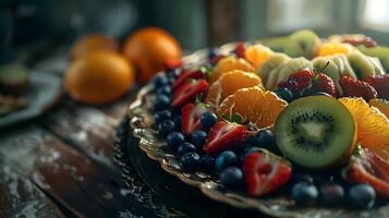 ai gegenereerd kleurrijk fruit schotel verlichte door zacht natuurlijk licht creëert uitnodigend en smakelijk Scherm foto