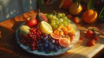 ai gegenereerd geassorteerd vers fruit geregeld Aan houten schotel badend in zacht natuurlijk licht foto