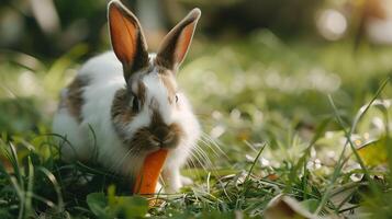 ai gegenereerd pluizig konijn hapjes wortel in gras veld- detailopname 50 mm portret vangt speels moment foto