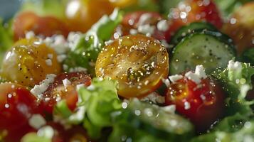 ai gegenereerd kleurrijk macro salade vers sla kers tomaten en feta kaas badend in zacht natuurlijk licht foto