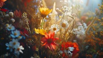 ai gegenereerd geassorteerd bloemen in rustiek vaas reeks tegen zacht achtergrond gevangen genomen in detailopname foto