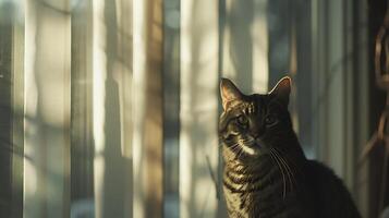 ai gegenereerd nieuwsgierig kat gluurt van zonovergoten leven kamer fabriek foto