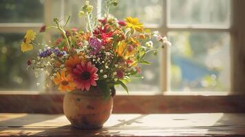 ai gegenereerd geassorteerd bloemen in rustiek vaas een detailopname vastleggen met zacht diffuus achtergrond foto