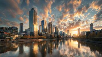 ai gegenereerd modern stad horizon gloeit in zonsondergang met glas gebouwen reflecterend warm zonlicht foto