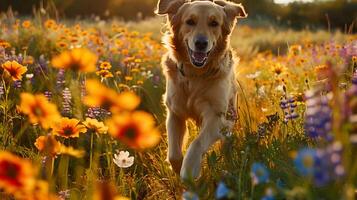 ai gegenereerd gouden retriever geniet zonsondergang rennen door groen weide in breed hoek schot foto