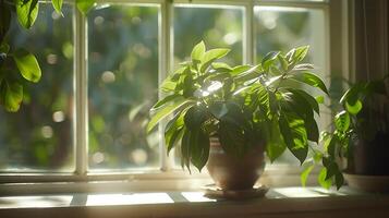 ai gegenereerd weelderig groen kamerplant koestert zich in zacht natuurlijk licht Aan venster dorpel foto