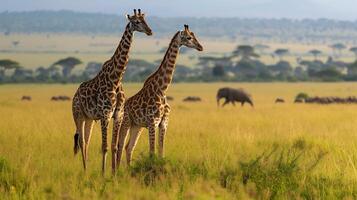 ai gegenereerd bevallig giraffen en dieren in het wild harmonie in de weelderig savanne landschap foto