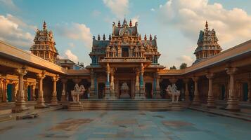 ai gegenereerd levendig Hindoe tempel gloeit in zonsondergangen warm licht presentatie van ingewikkeld houtsnijwerk foto