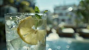 ai gegenereerd verfrissend limonade gevangen genomen met 50 mm lens focus Aan condensatie citroen en munt garneer foto