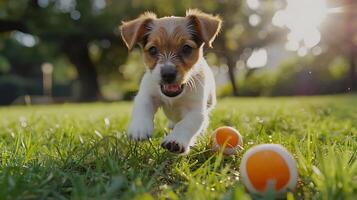 ai gegenereerd speels puppy achtervolgingen bal in met gras begroeid park breed hoek schot met wazig achtergrond foto