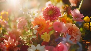 ai gegenereerd geassorteerd bloemen in rustiek vaas een detailopname gevangen genomen met 50 mm lens en zacht diffuus achtergrond foto