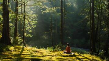 ai gegenereerd rustig Woud opruimen yoga meditatie en zelfzorg omarmen binnenste vrede foto