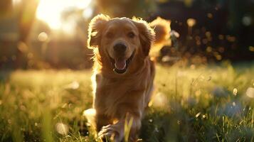 ai gegenereerd gouden retrievers blij rennen door veld- gevangen genomen in warm natuurlijk licht met 50 mm lens focus foto