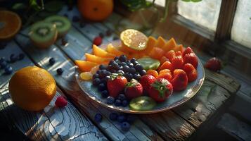 ai gegenereerd kleurrijk fruit schotel koestert zich in zacht natuurlijk licht creëren een uitnodigend en smakelijk Scherm foto
