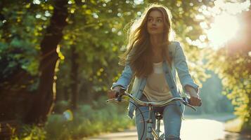 ai gegenereerd jong vrouw navigeert stad verkeer Aan fiets temidden van hoog gebouwen foto