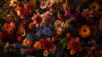 ai gegenereerd geassorteerd bloemen geregeld in rustiek vaas tegen zacht achtergrond gevangen genomen in detailopname met 50 mm lens foto