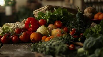 ai gegenereerd weelderig vleeswaren geneugten vlees kazen en fruit geregeld Aan rustiek tafel badend in zacht natuurlijk licht foto