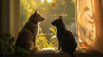 ai gegenereerd hartverwarmend momenten gered dieren vind liefde en vreugde in knus huis tuin en zonovergoten ramen foto