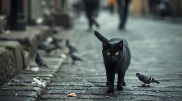 ai gegenereerd bevallig stad kat merkwaardig navigeert stedelijk straten temidden van duif chaos mengen dieren in het wild symfonie met stedelijk landschap foto