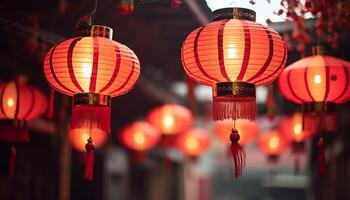 ai gegenereerd Chinese lantaarns verlichten de nacht, symboliseert levendig cultureel viering gegenereerd door ai foto
