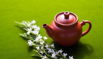 ai gegenereerd vers groen thee in een pottenbakkerij theepot, omringd door natuur gegenereerd door ai foto
