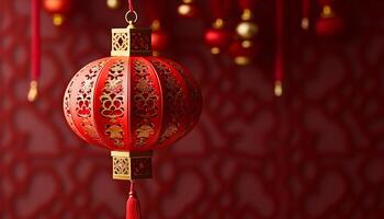 ai gegenereerd Chinese lantaarns hangende in de nacht, symboliseert welvaart en geluk gegenereerd door ai foto